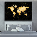 black and gold world map wall art